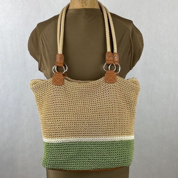 The Sak Tan Green Crochet Purse Shoulder Bag Tote - Picture 4 of 13
